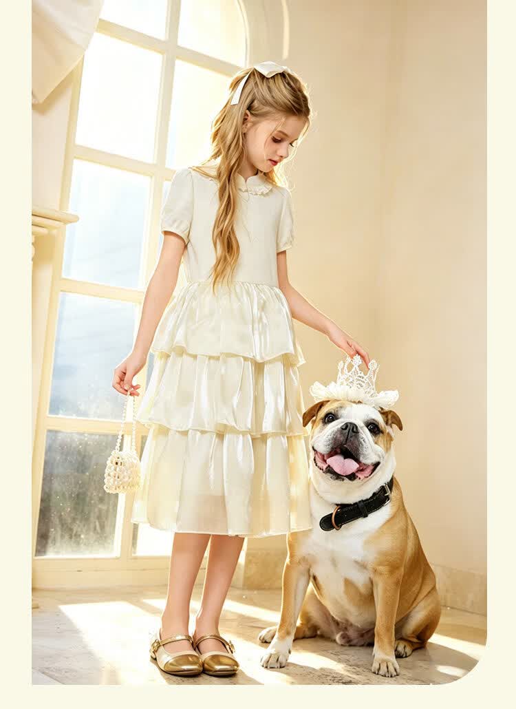 CHANZUIGOU Girls Mousse Cake Princess Dress 26 Summer New Children's Waterdrop Button Mid-Length Satin Dress 21